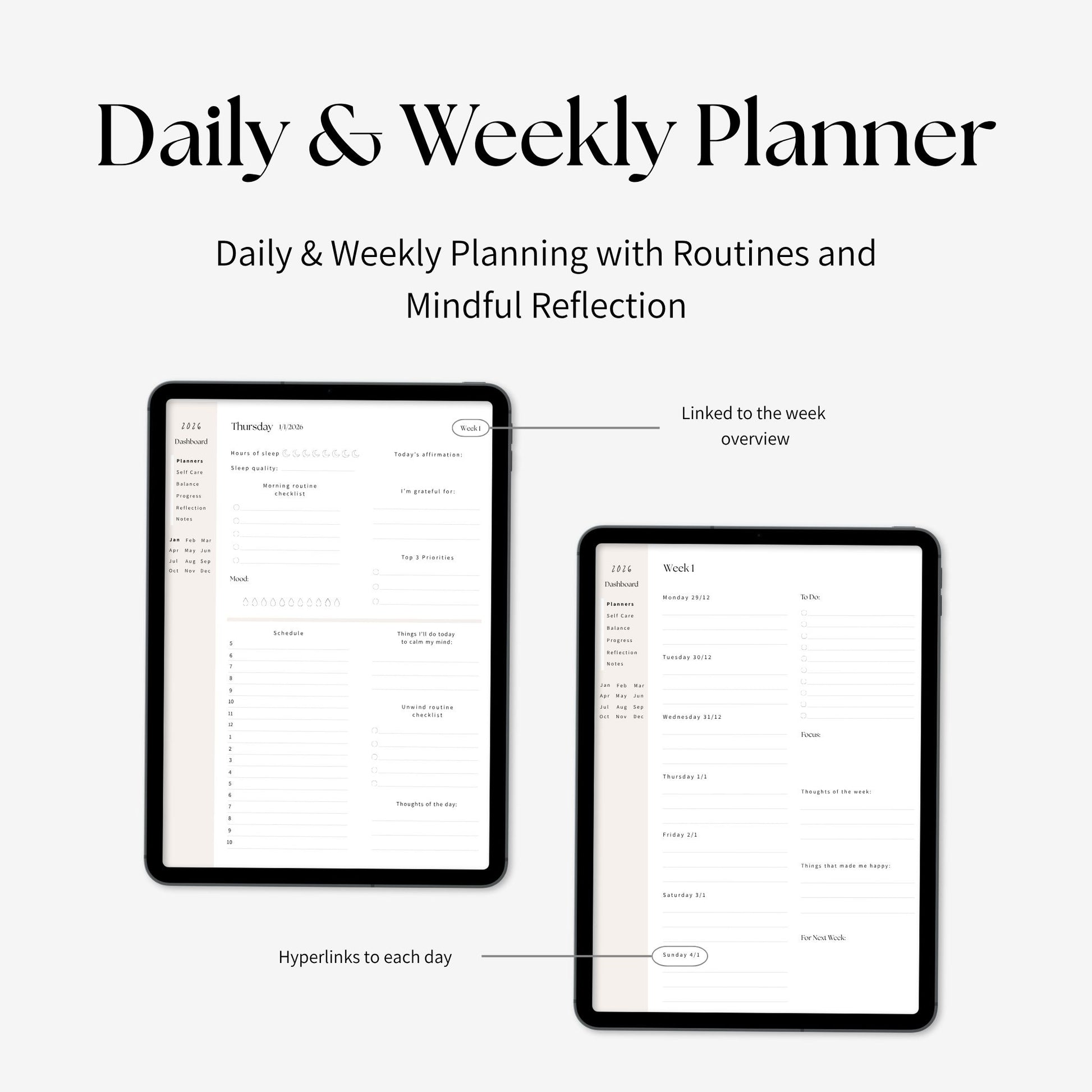 2026 future self digital planner daily and weekly planner pages displayed on iPad