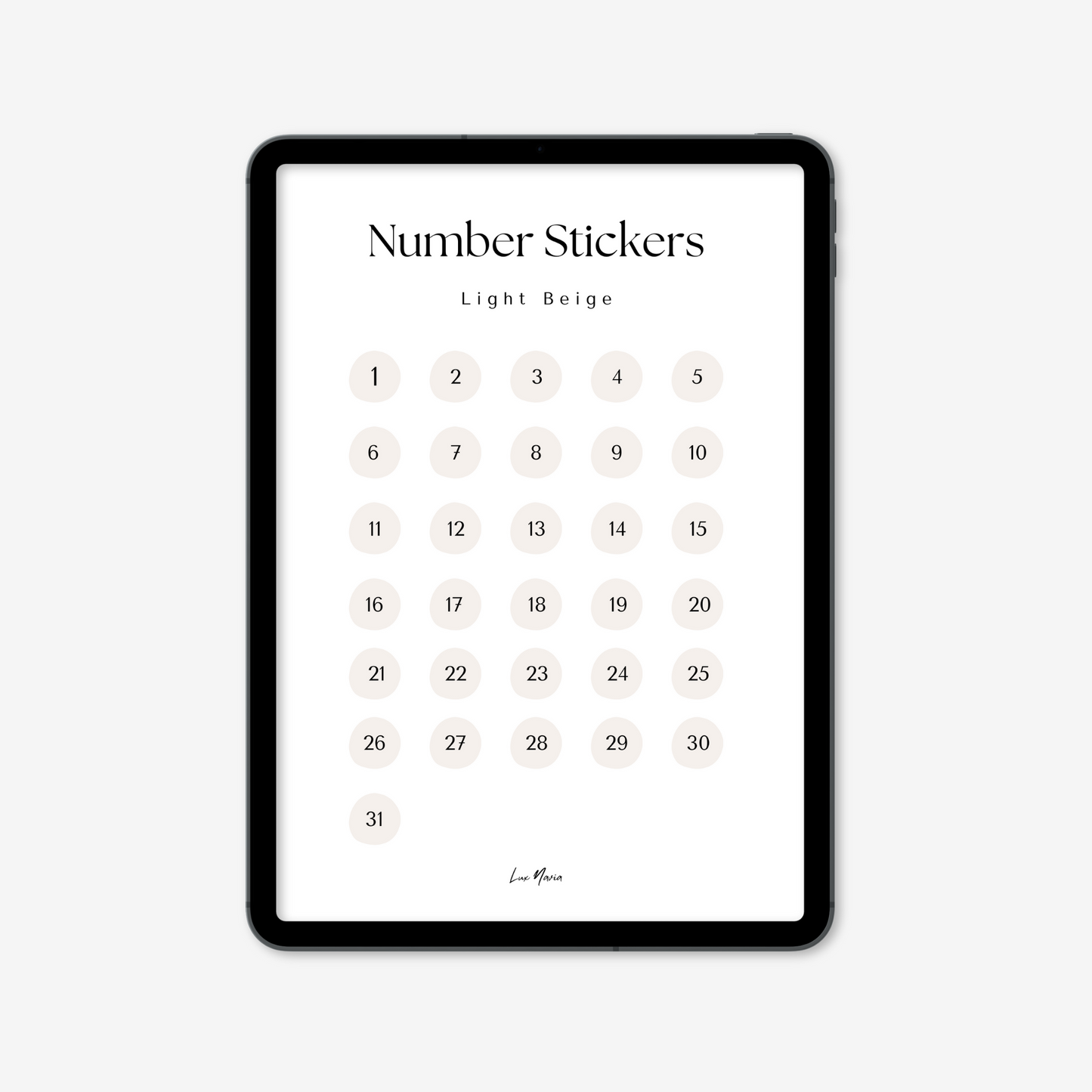 Light beige number stickers for digital planners displayed on iPad
