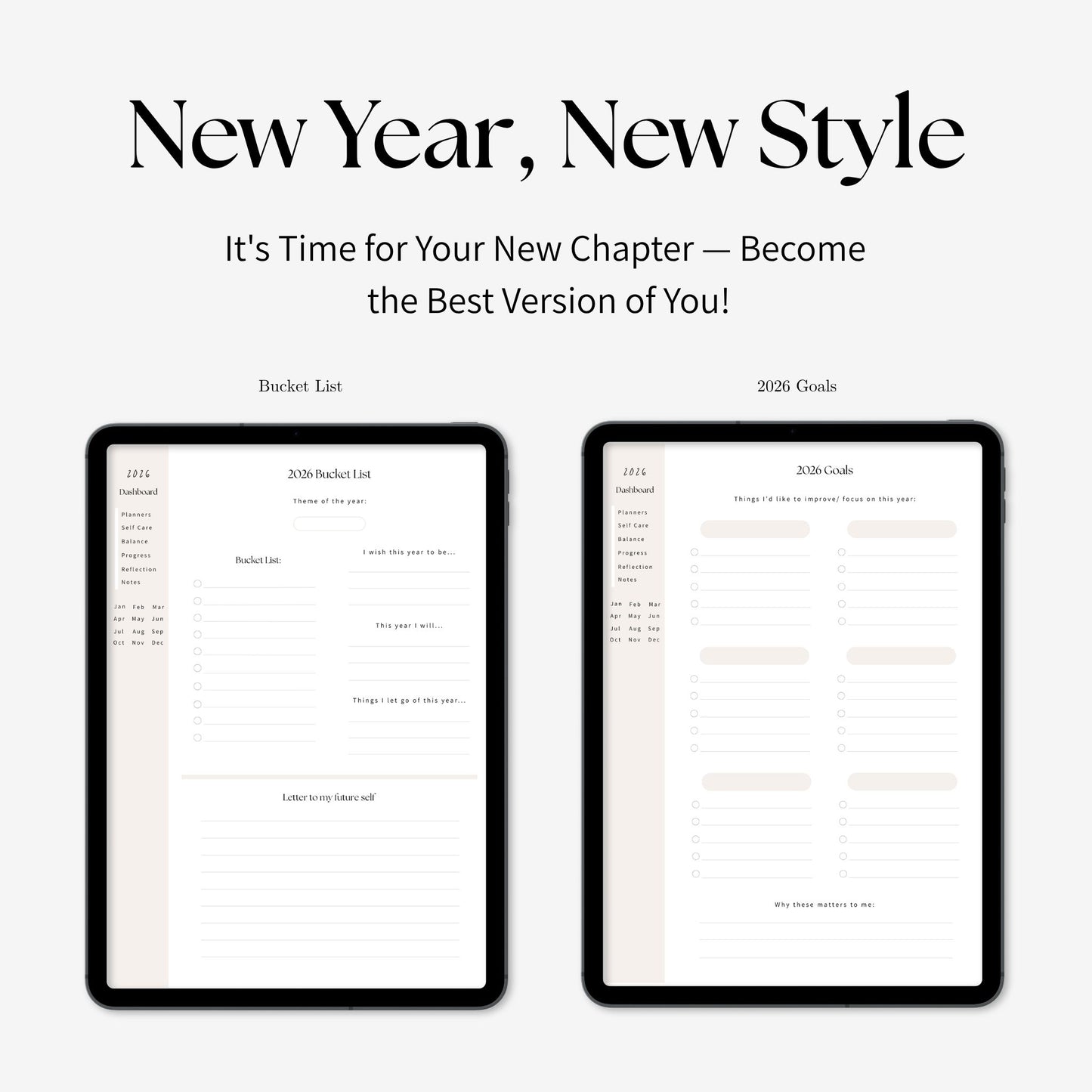 2026 future self digital planner bucket list and 2026 goal page displayed on iPad