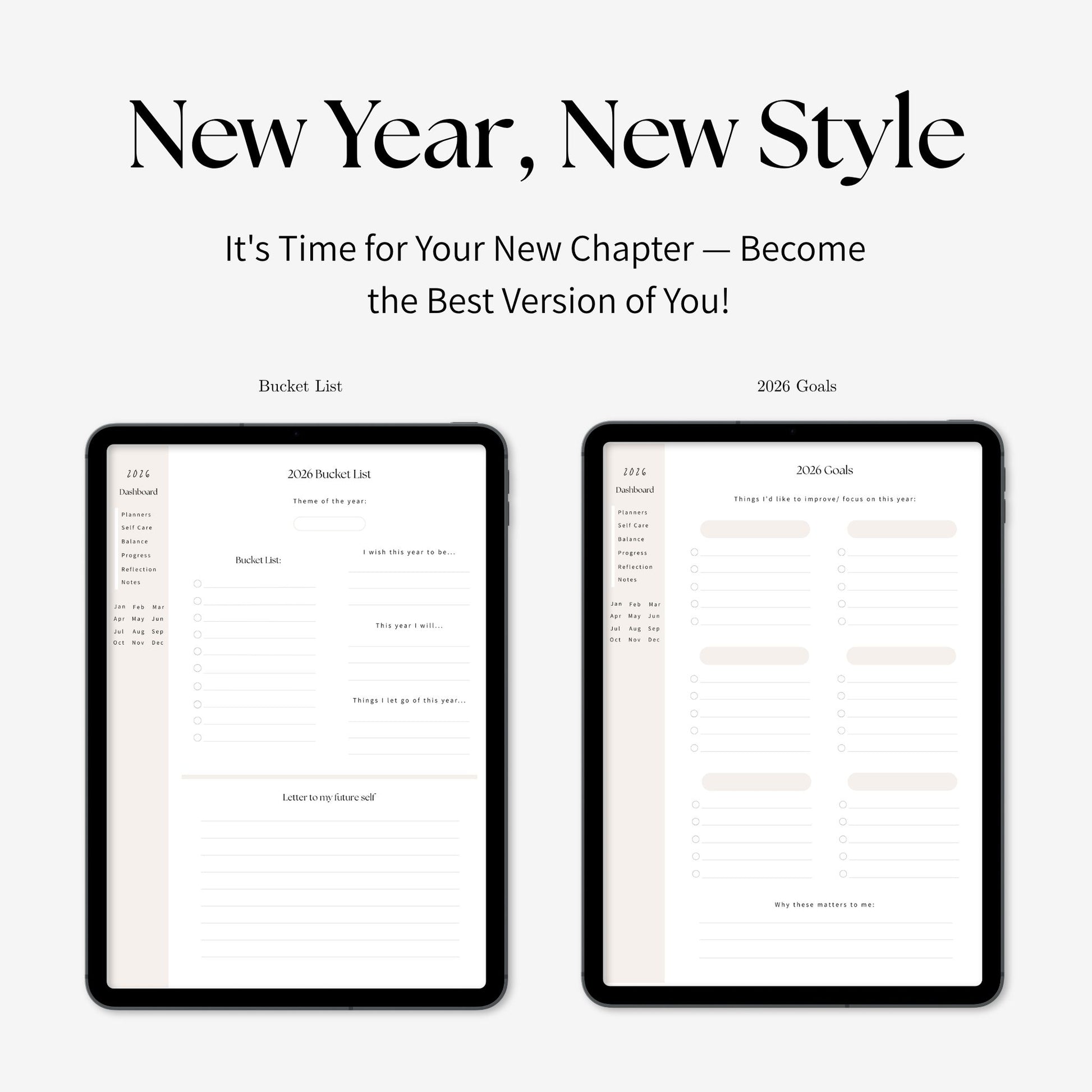 2026 future self digital planner bucket list and 2026 goal page displayed on iPad