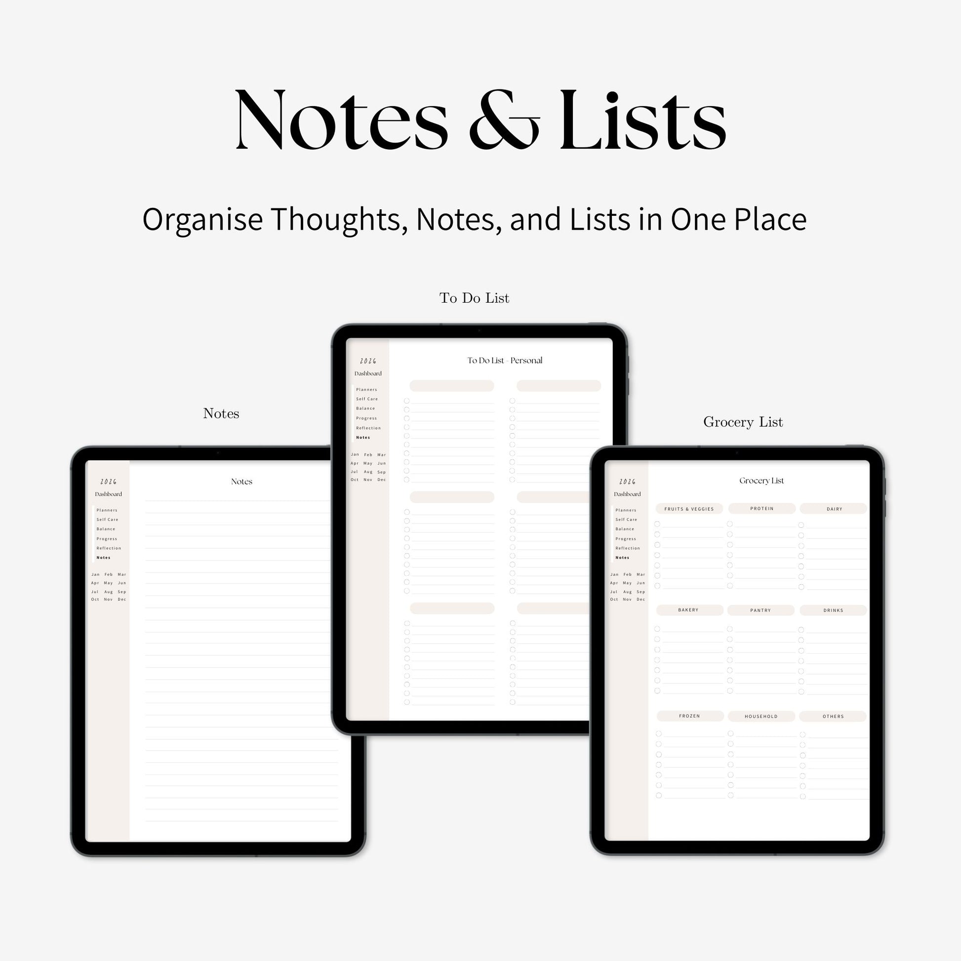 2026 future self digital planner Notes and Lists pages displayed on iPad