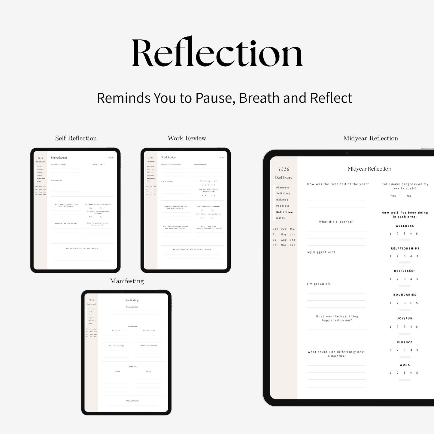 2026 future self digital planner's reflection pages displayed on iPad.