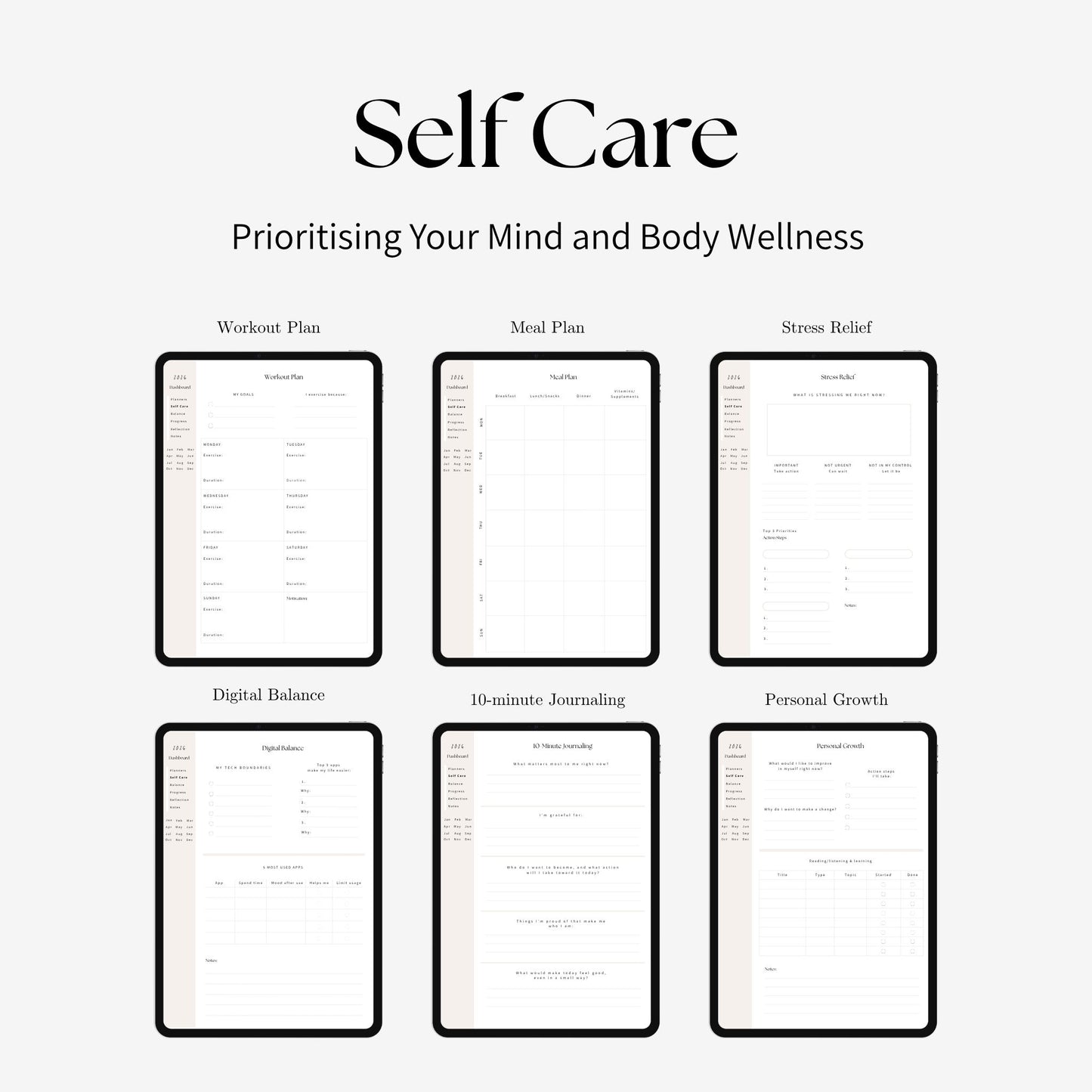 2026 future self digital planner self care pages displayed on iPad