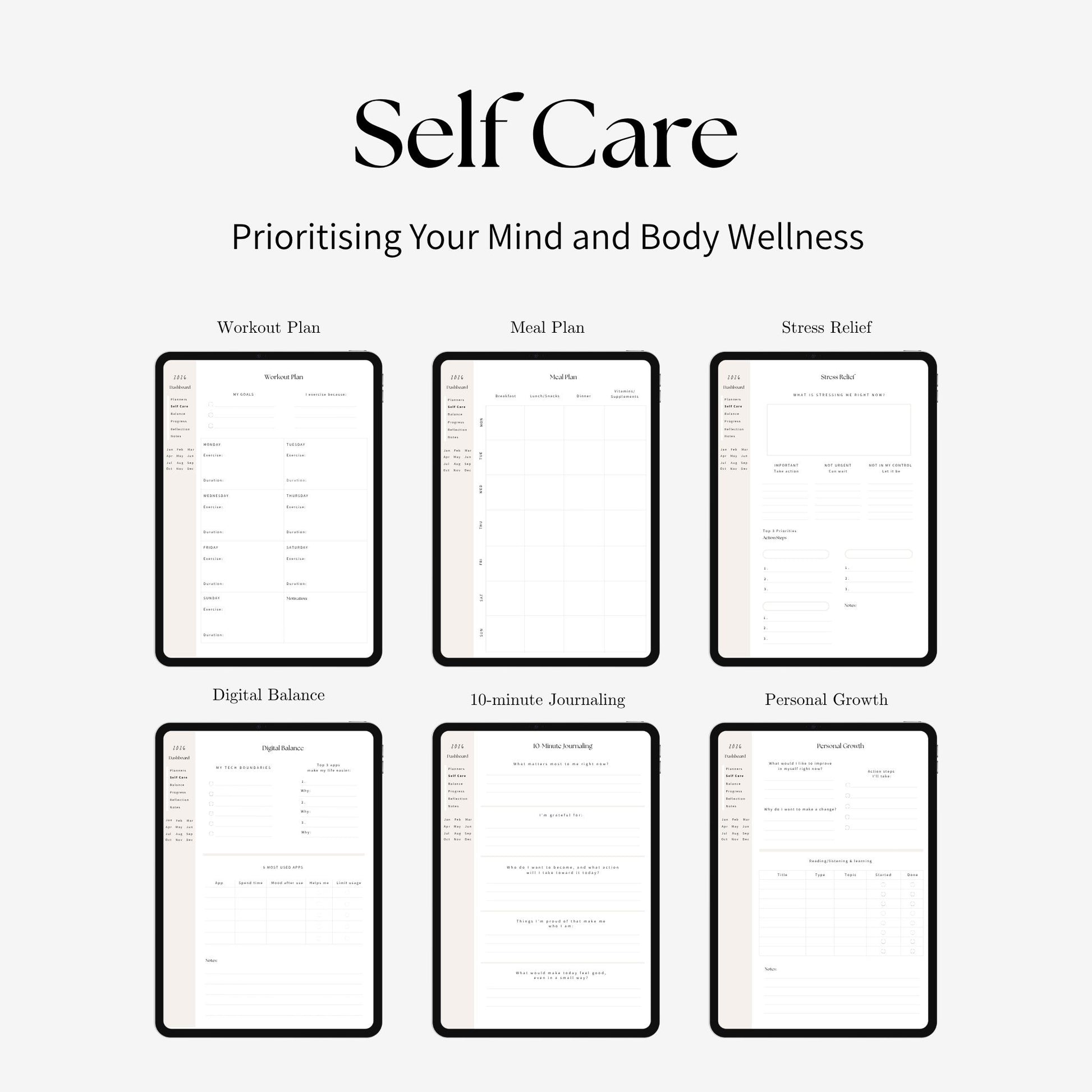 2026 future self digital planner self care pages displayed on iPad