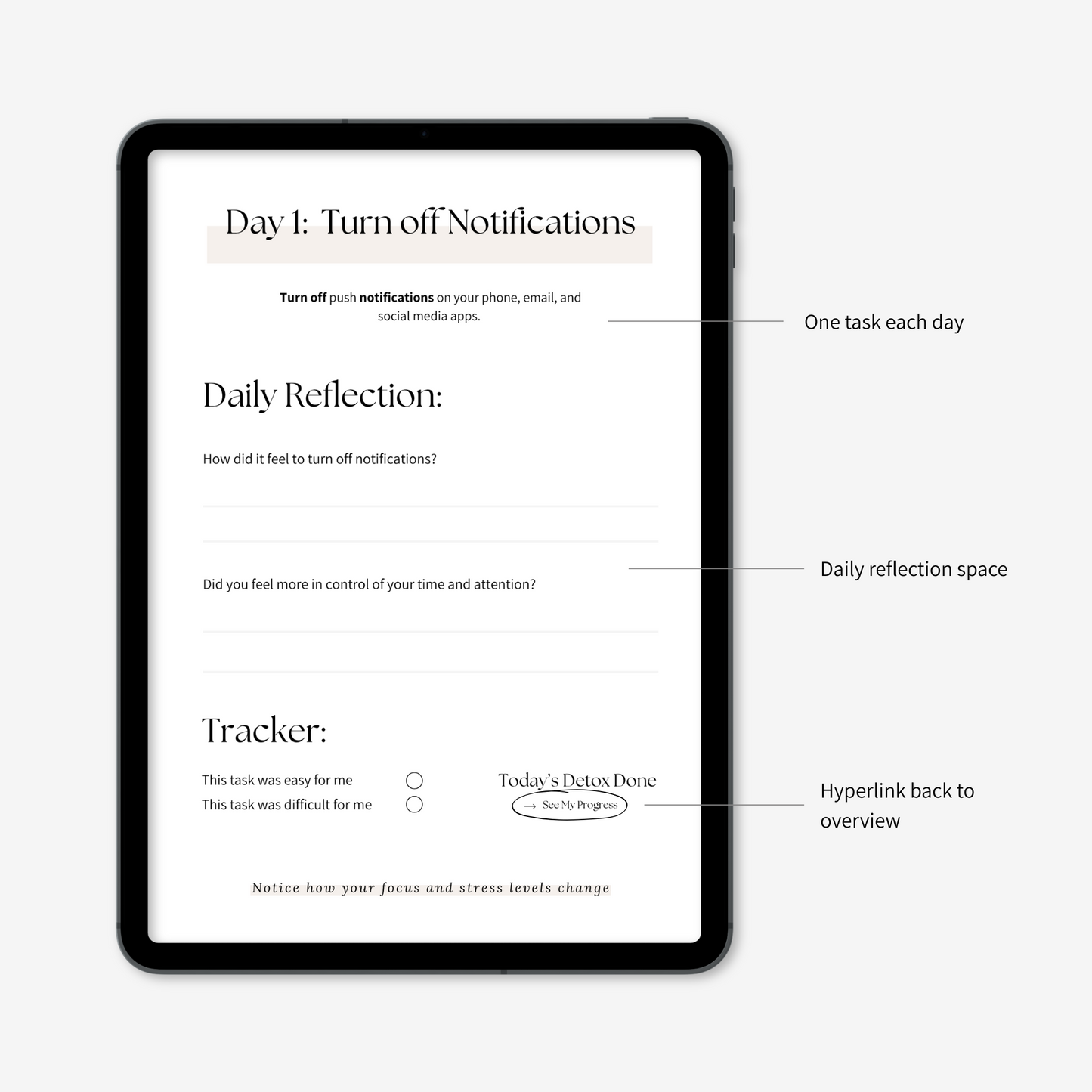 7-day digital detox challenge task with reflection page