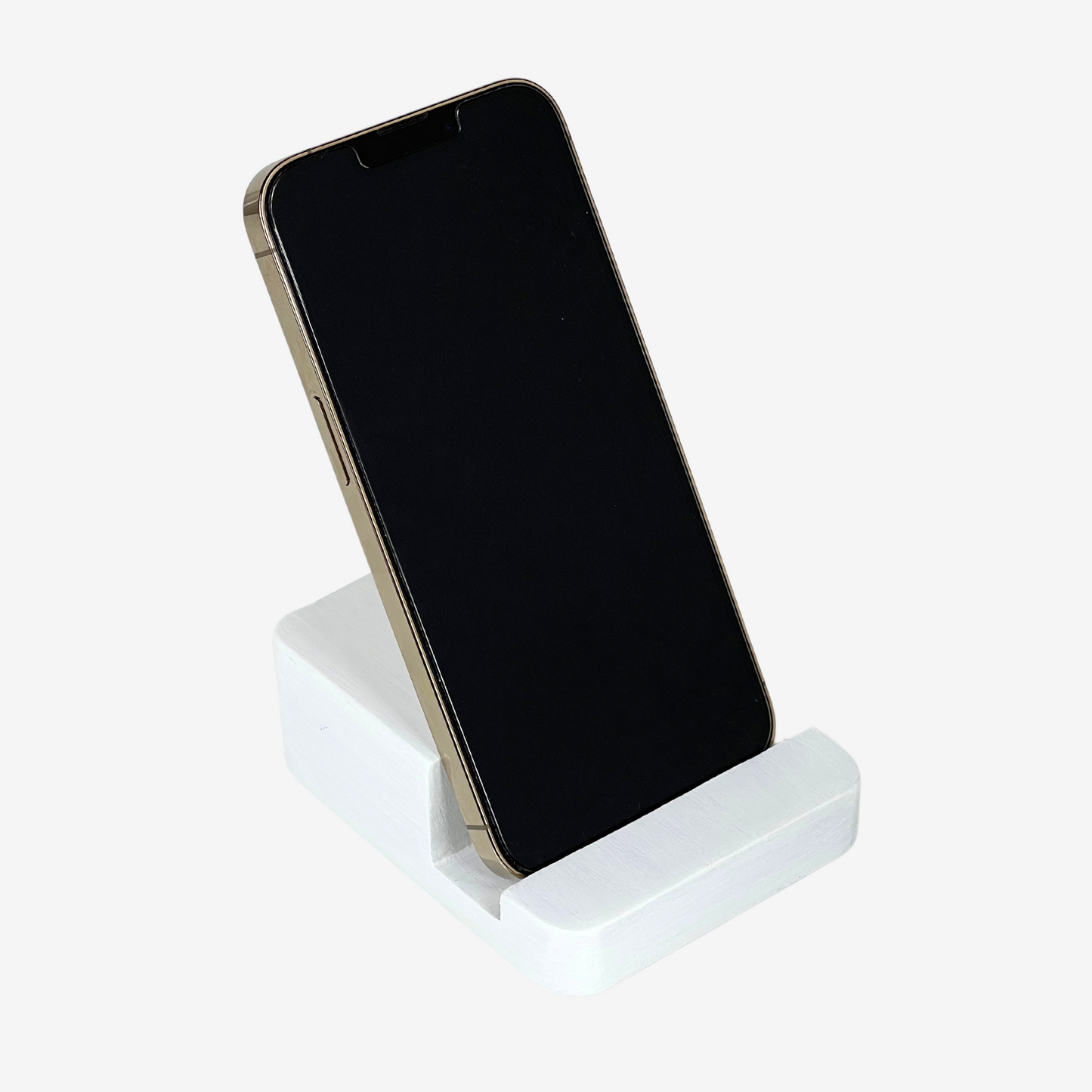 Lux Navia white wooden phone stand holding a smartphone, with the image taken from the front, combining a minimalist aesthetic with practical functionality for any workspace or home.