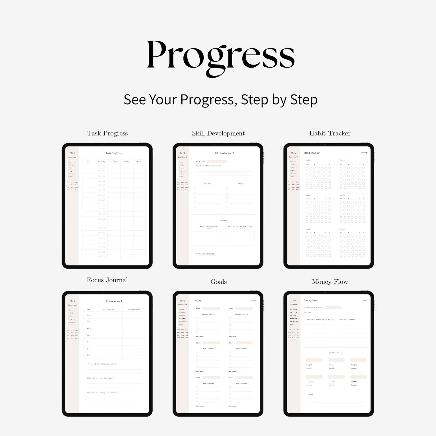 2026 future self digital planner progress pages displayed on iPad