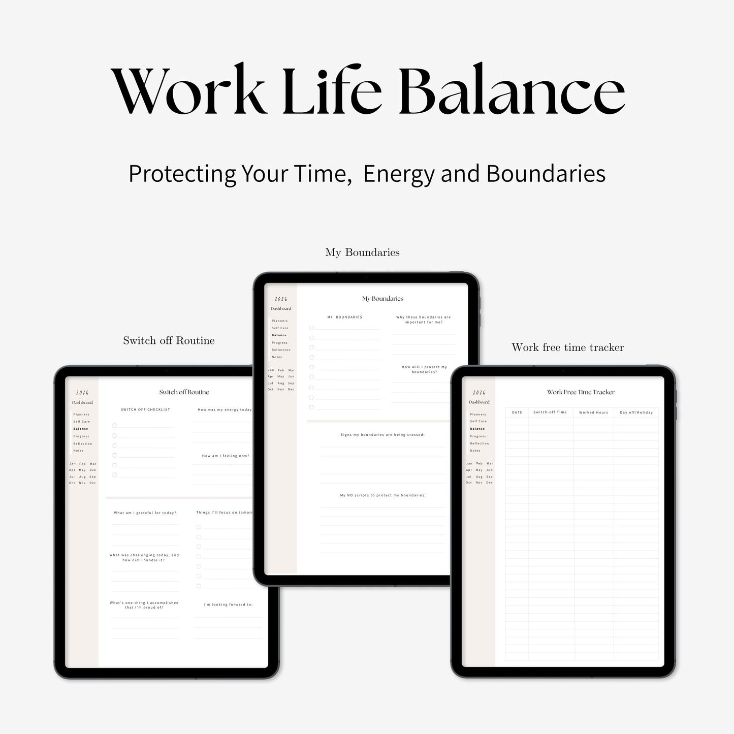 2026 future self digital planner work life balance pages displayed on iPad