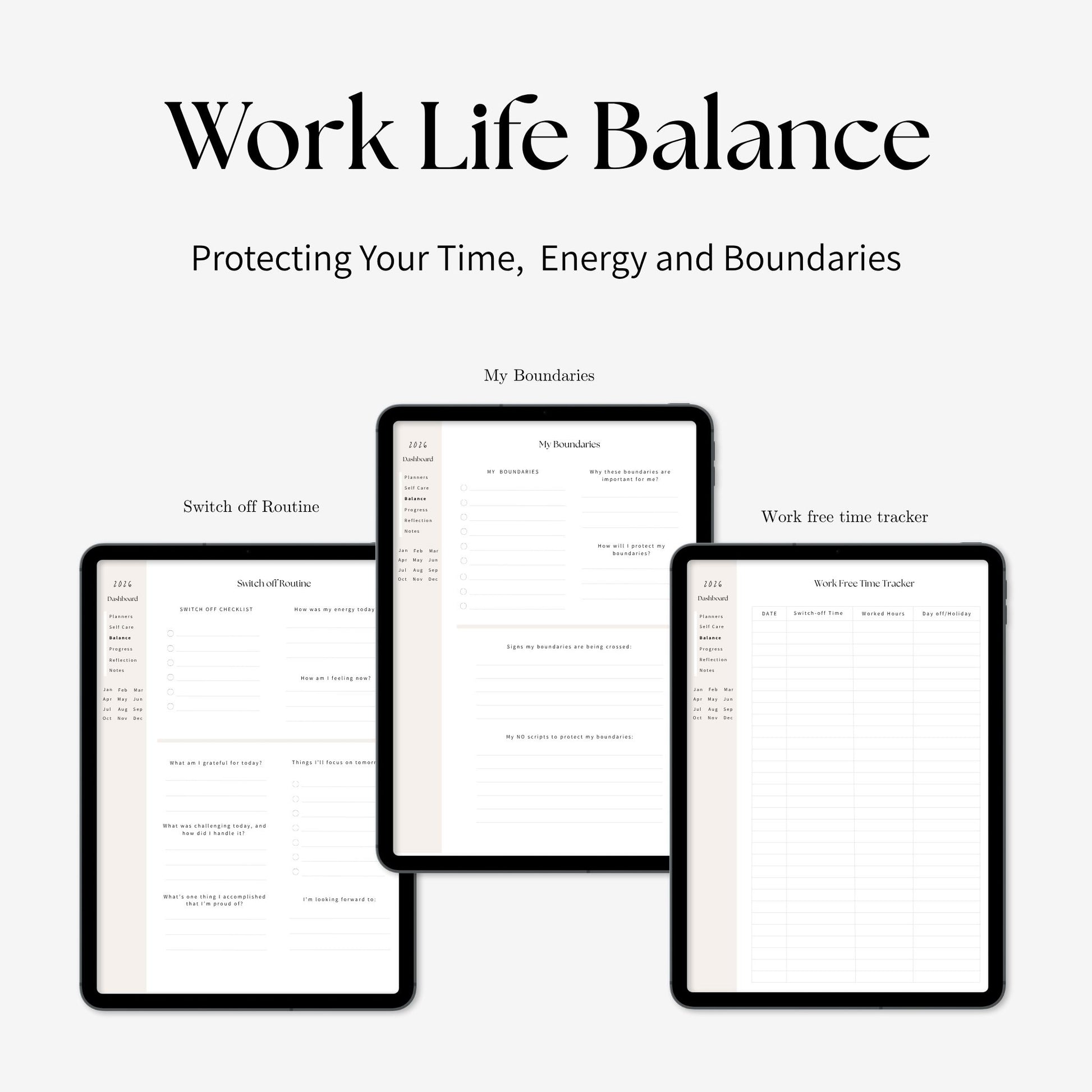 2026 future self digital planner work life balance pages displayed on iPad