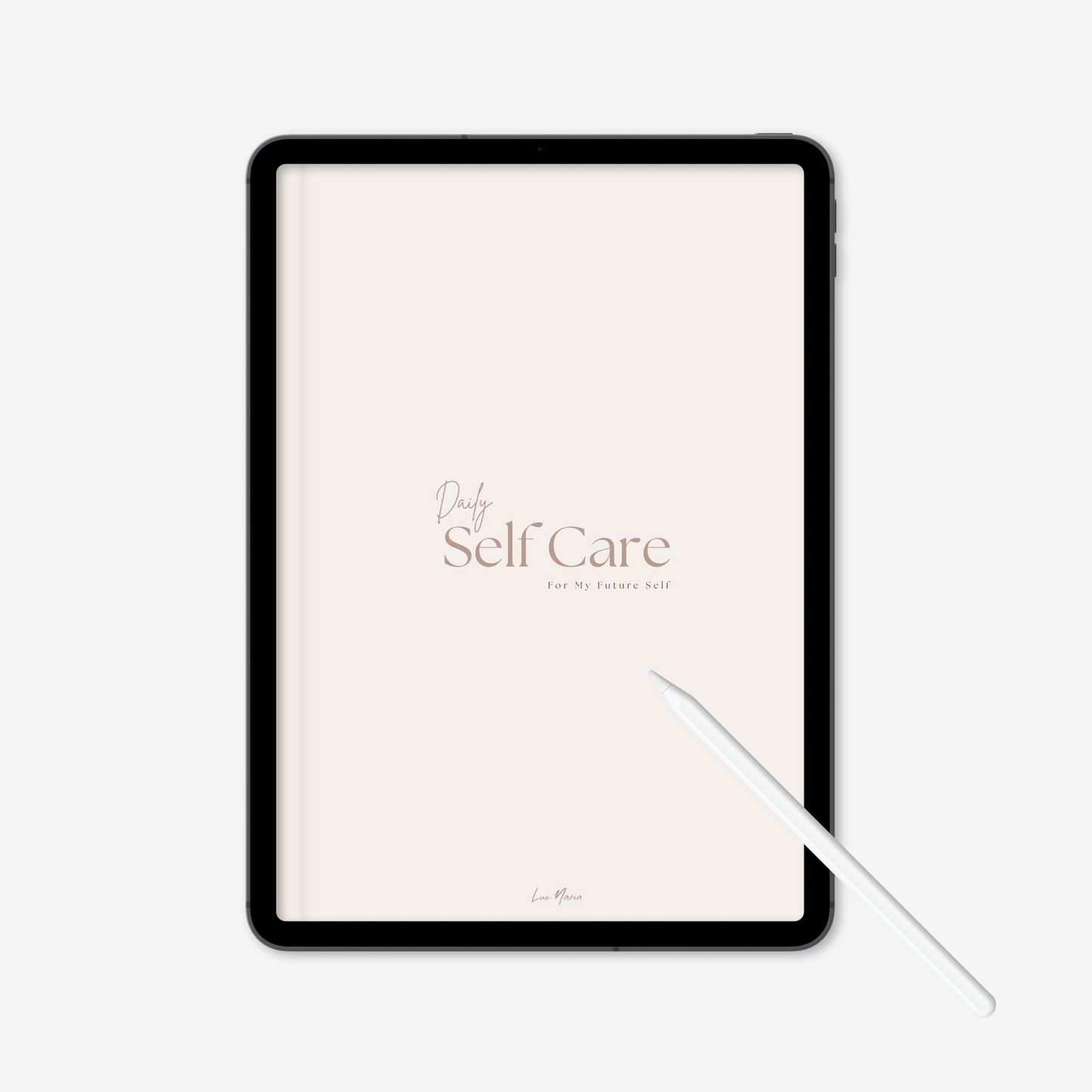 Digital daily self care mini planner cover  displayed on iPad on a light grey background