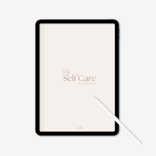 Digital daily self care mini planner cover  displayed on iPad on a light grey background