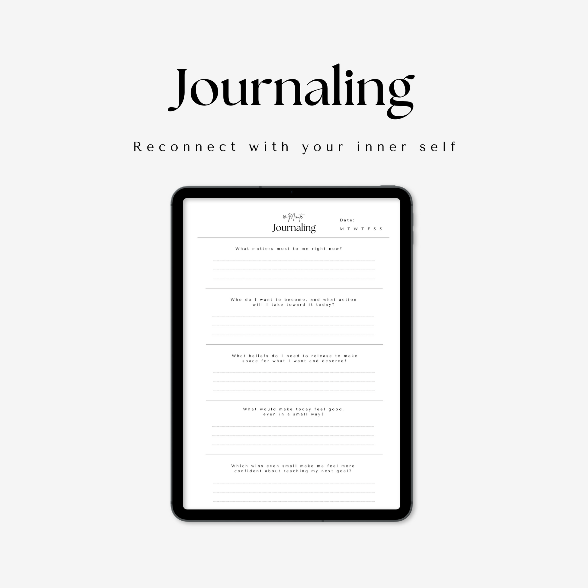 Digital daily self care mini planner 10-minute journaling page displayed on iPad on a light grey background