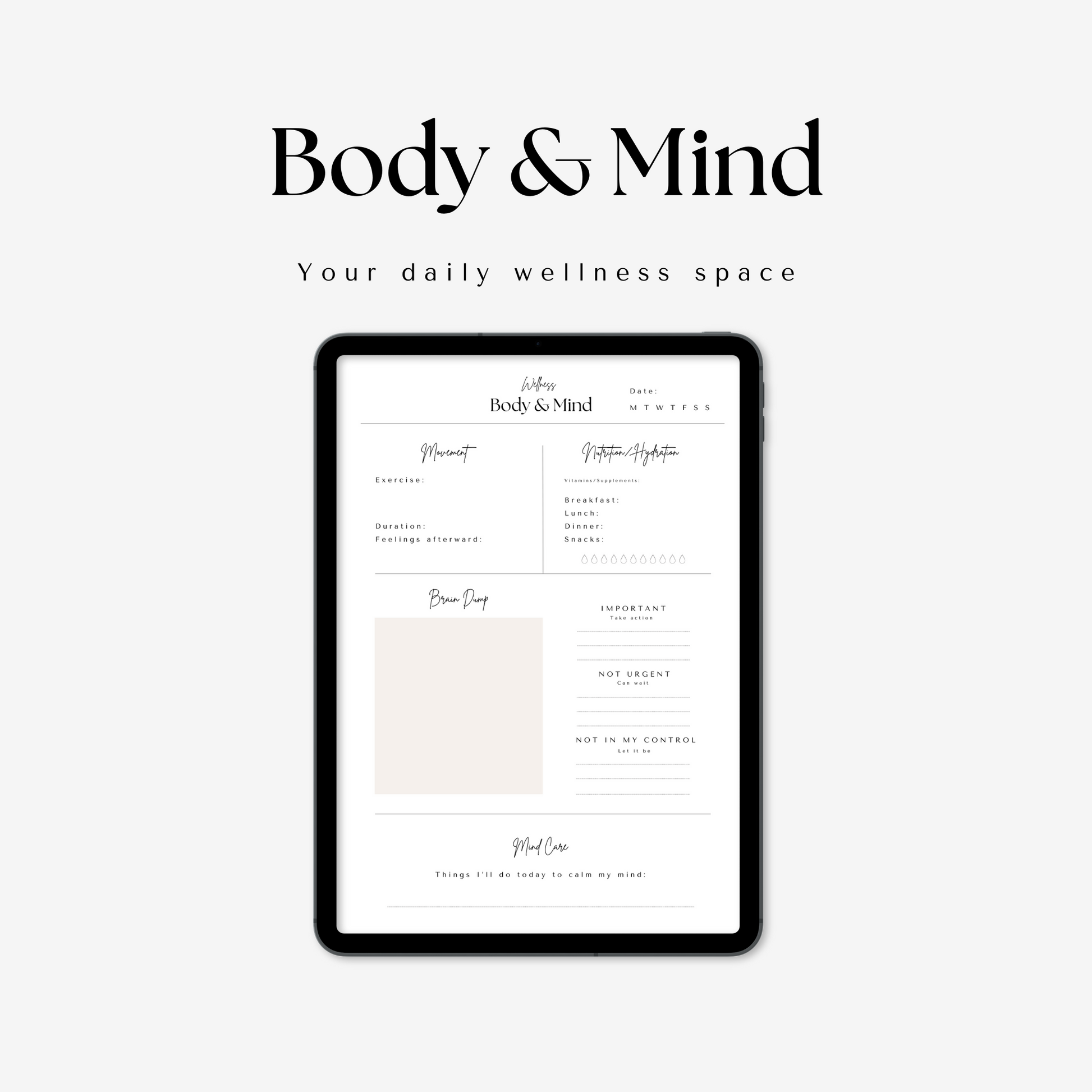 Digital daily self care mini planner body and mind wellness page displayed on iPad on a light grey background