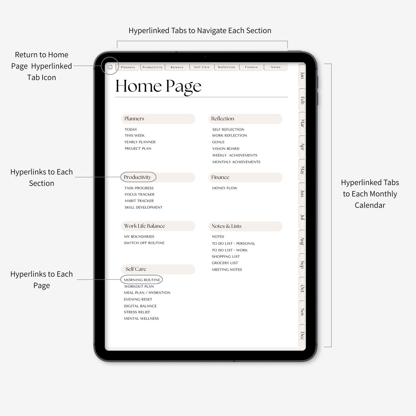 Digital wellness planner's home page on a light grey background