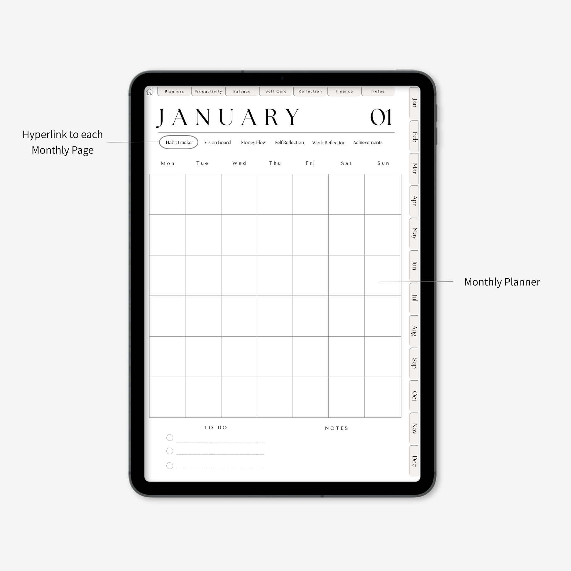 Digital wellness planner's monthly (January) page displayed on iPad on a light grey background