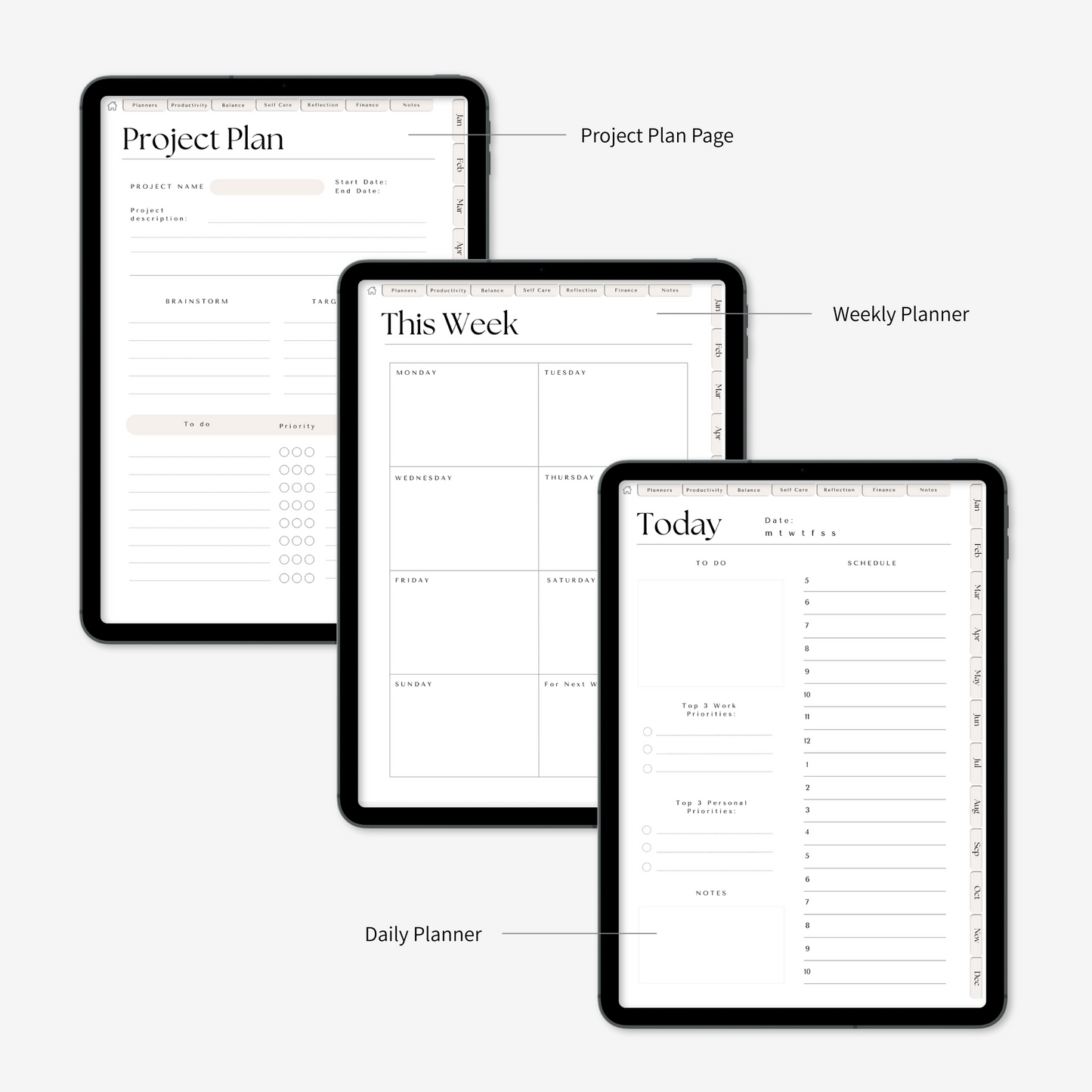Digital wellness planner's pages: project plan, this week, today displayed on iPad on a light grey background