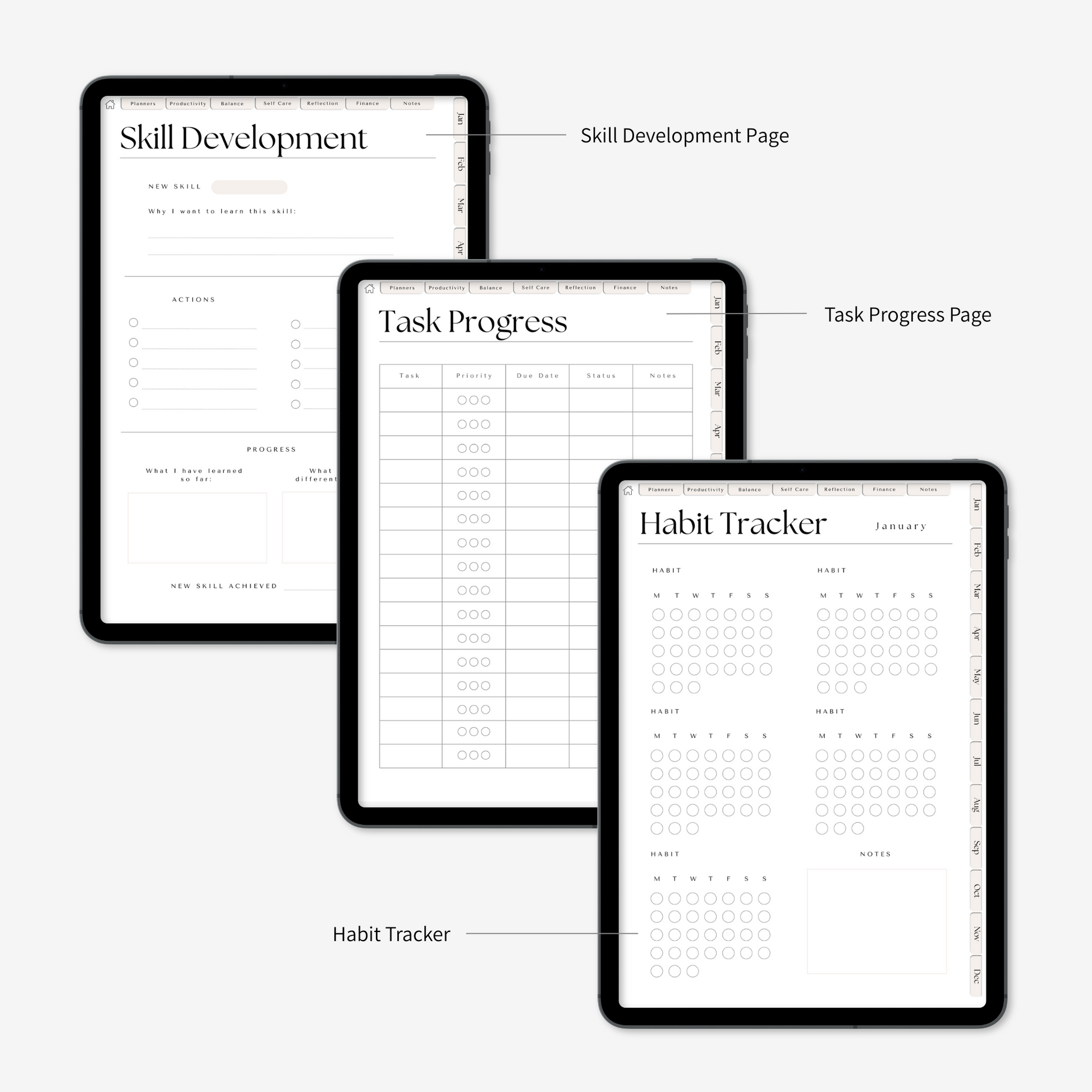 Digital wellness planner's pages: skill development, task progress, habit tracker, displayed on iPad on a light grey background