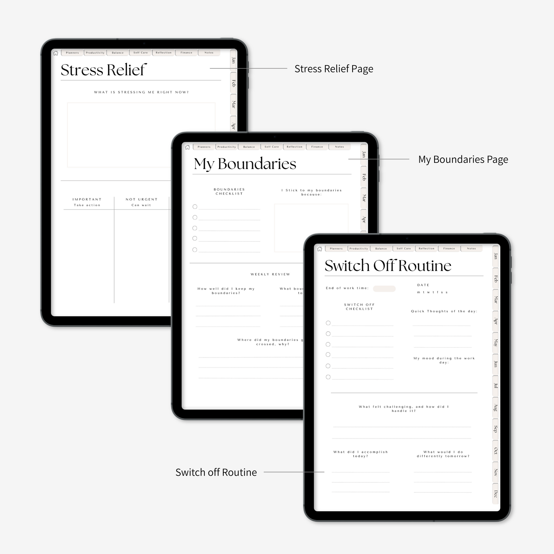 Digital wellness planner's pages: stress relief, my boundaries, switch off routine displayed on iPad on a light grey background