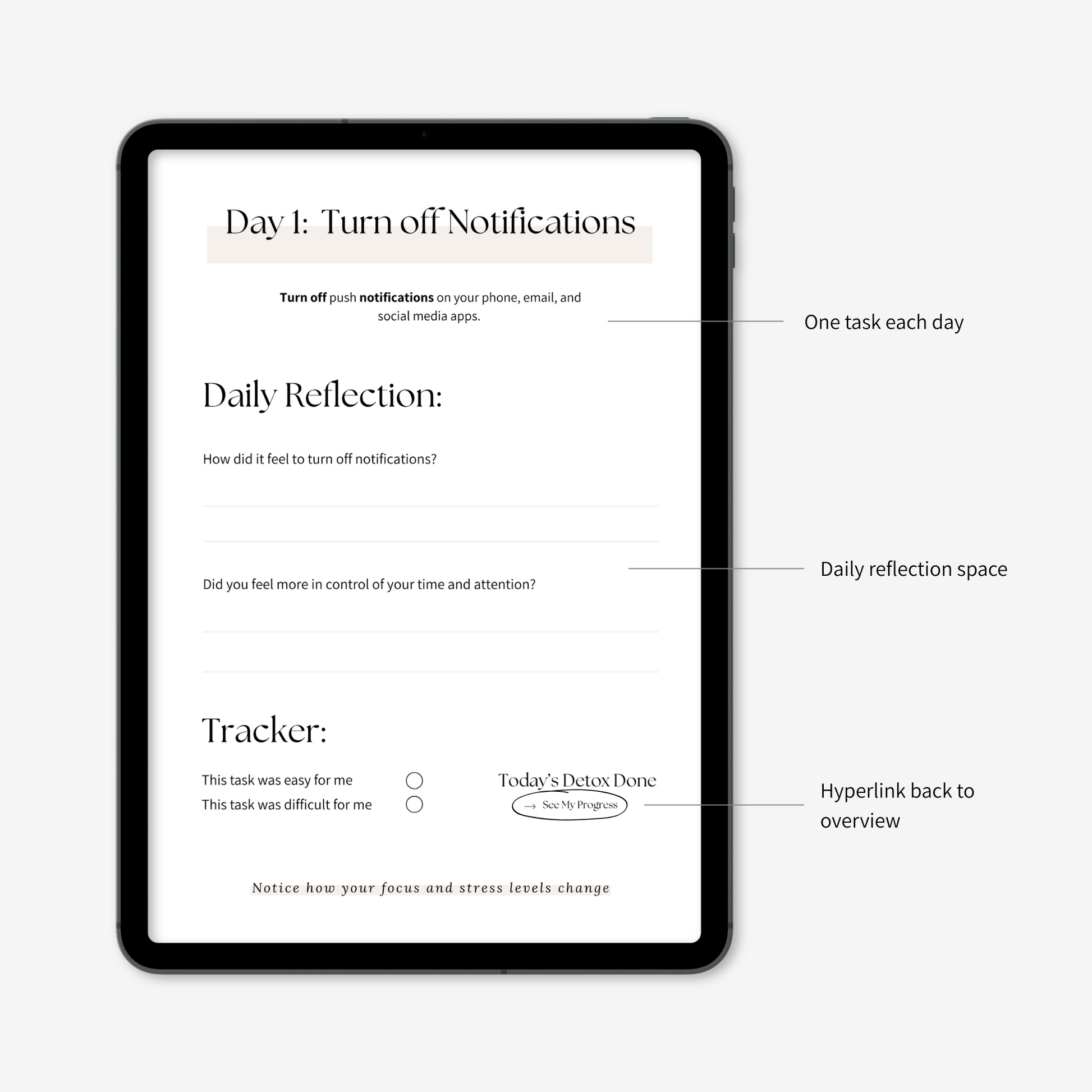 7-day digital detox challenge task with reflection page