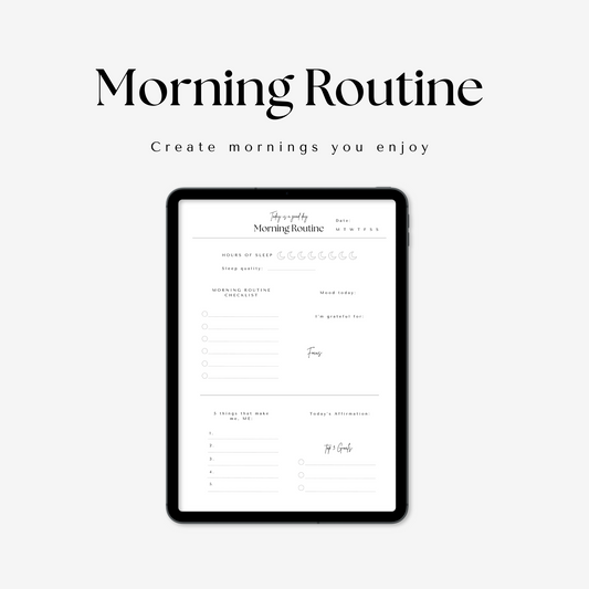 Digital daily self care mini planner morning routine page displayed on iPad on a light grey background