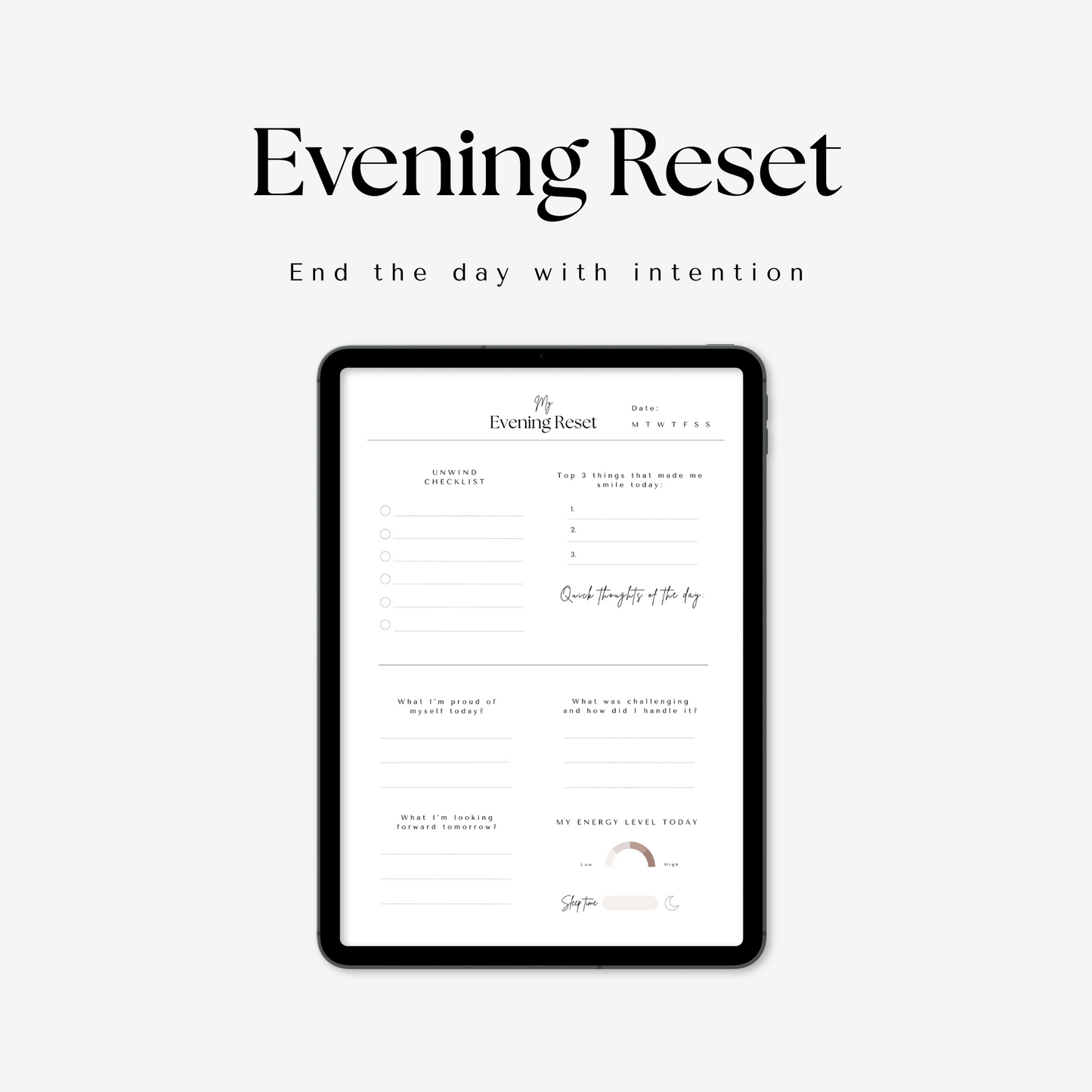 Digital daily self care mini planner evening reset page displayed on iPad on a light grey background