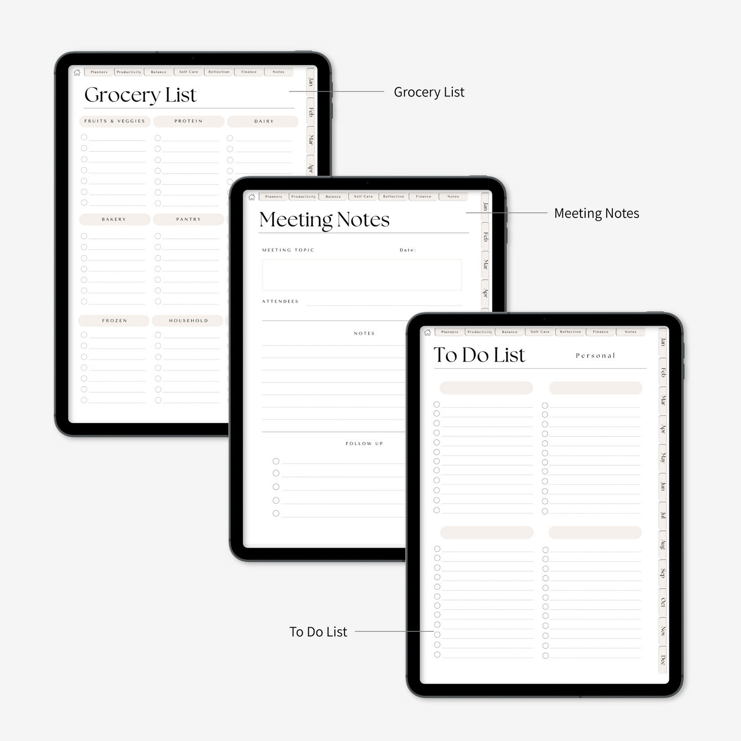 Digital wellness planner's pages: grocery list, meeting notes, to do list displayed on iPad on a light grey background