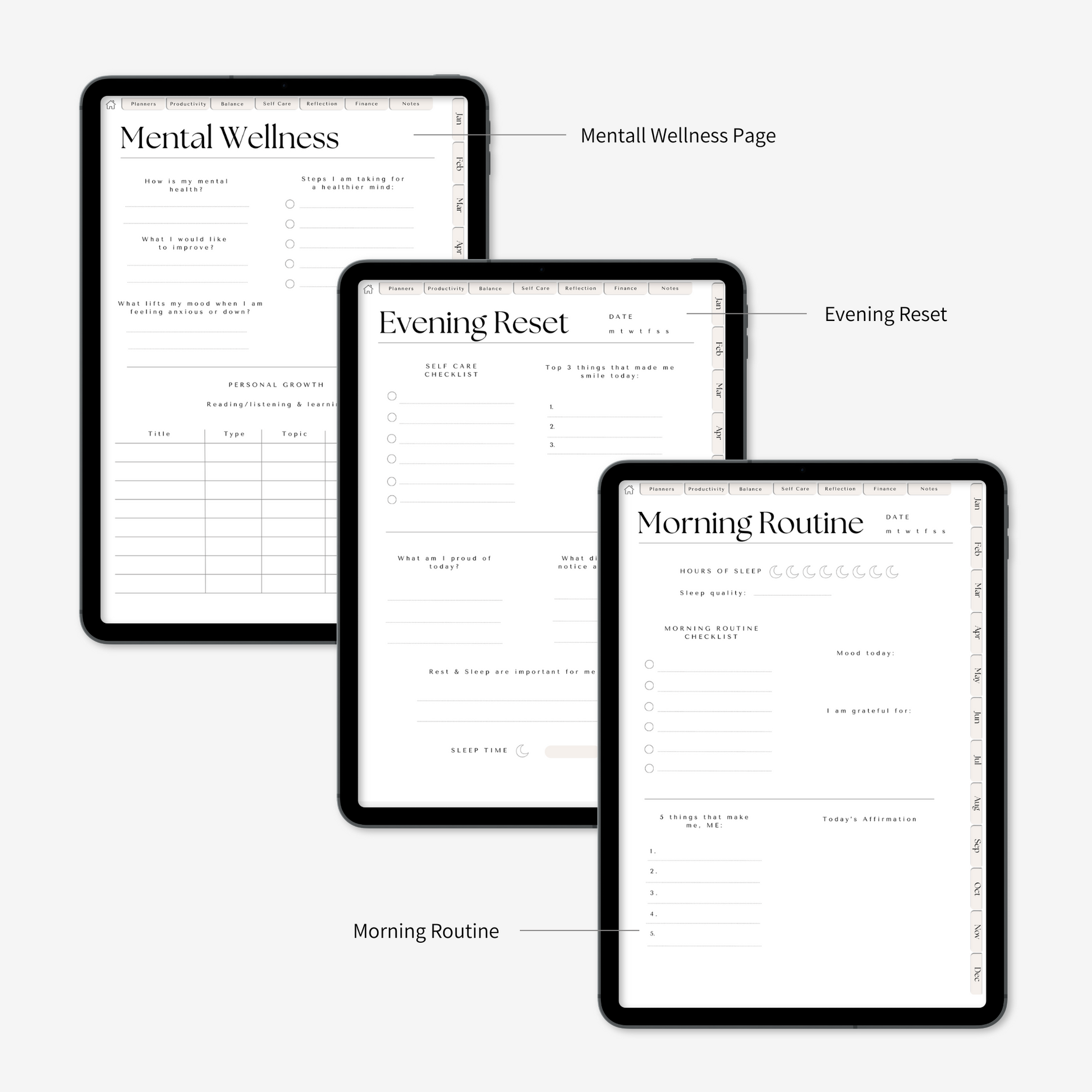 Digital wellness planner's pages: mental wellness, evening reset, morning routine displayed on iPad on a light grey background