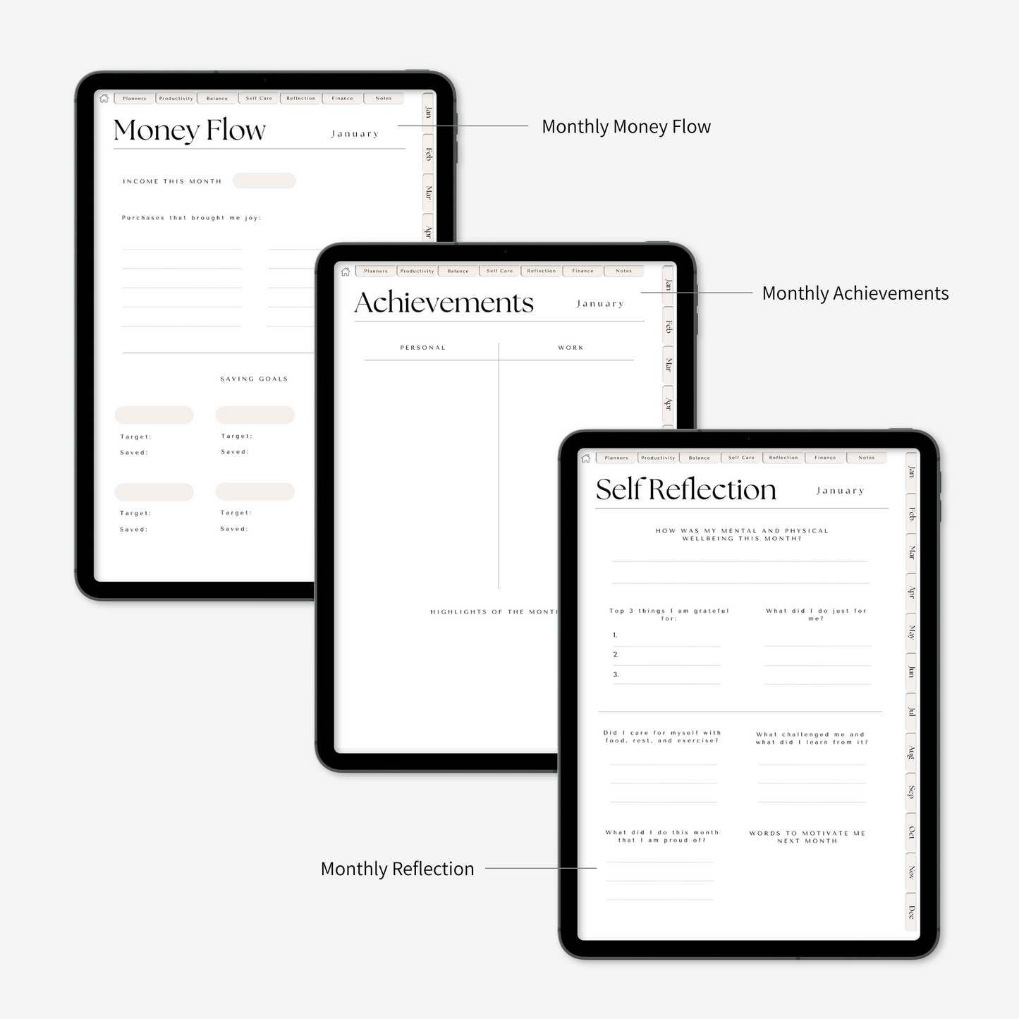 Digital wellness planner's pages: money flow, achievements, self reflection displayed on iPad on a light grey background