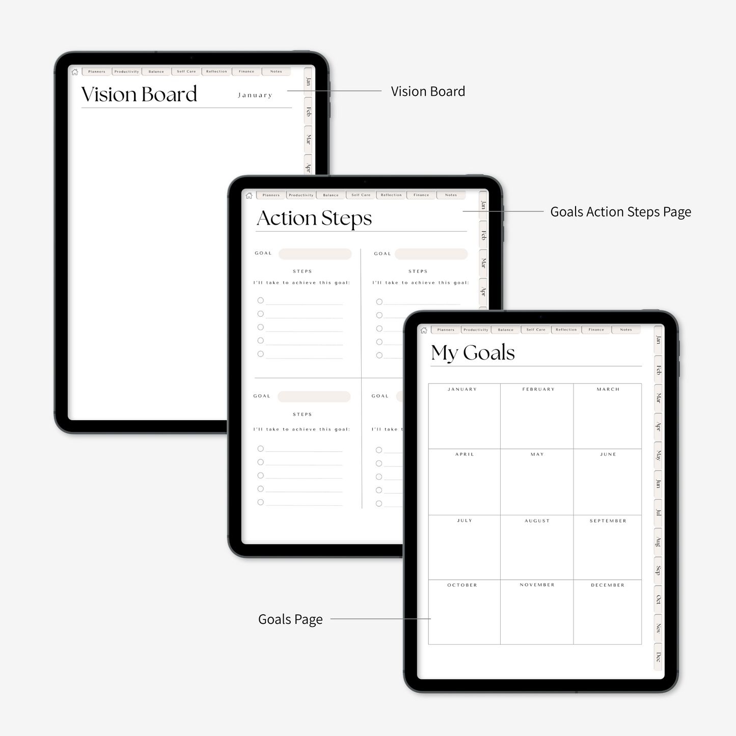 Digital wellness planner's pages: vision board, action steps, my goals displayed on iPad on a light grey background
