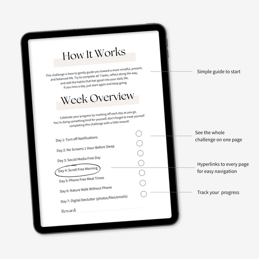 7-day digital detox challenge, how it works guide, week overview and tracker page