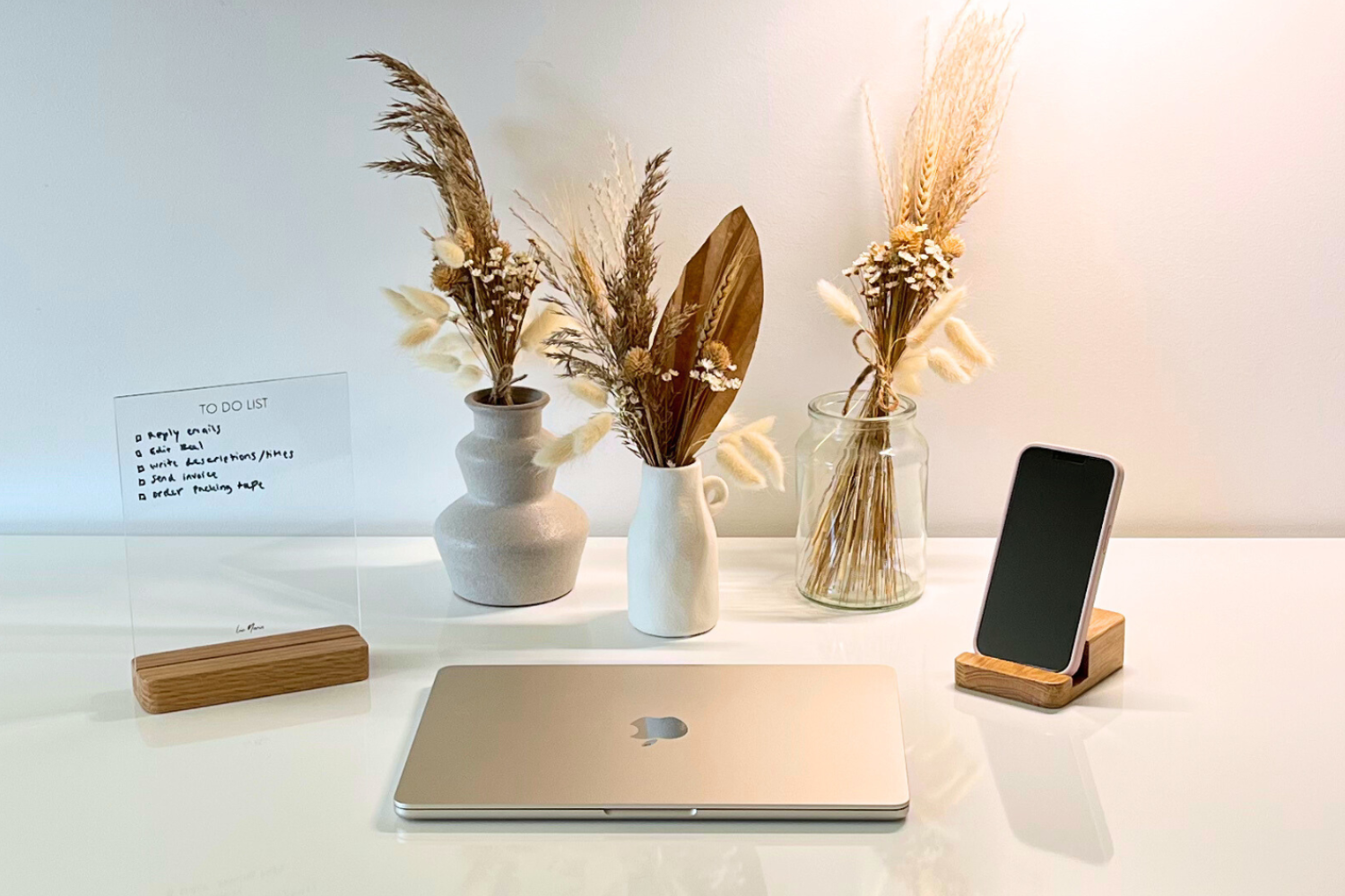 Modern desk setup with oak phone/table stand and acrylic to do list with oak stand 
